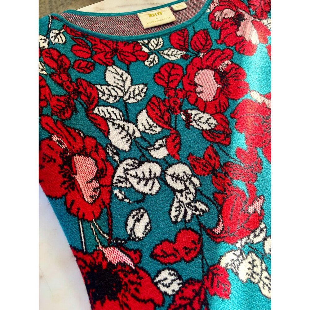 Anthropologie Maeve Allison Teal Floral Knit Sweater Dress Sz Small EUC Holiday - Picture 6 of 8